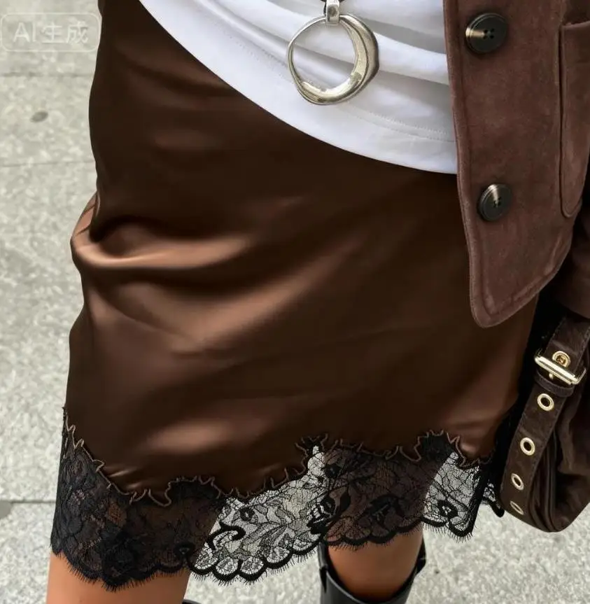 Lace Trimmed Mini Skirt for Women Low Rise Satin Skirt Casual Summer Streetwear Skirts - Image 2