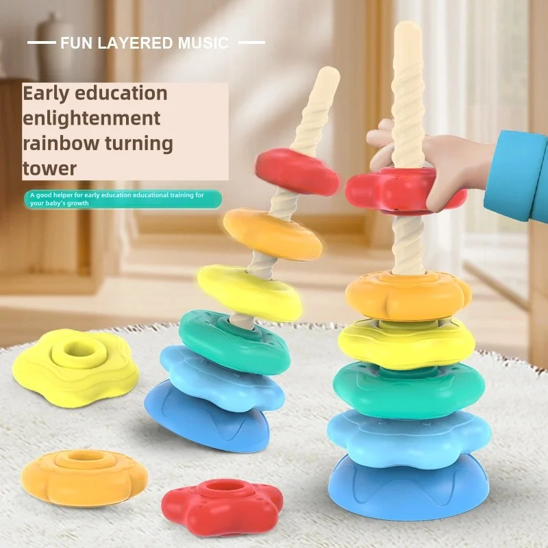 Premium Rainbow Spinning Tower Toy Strong ABS Plastic Stacking Educational Toy for Kids Rainbow Wheel Stacking Game