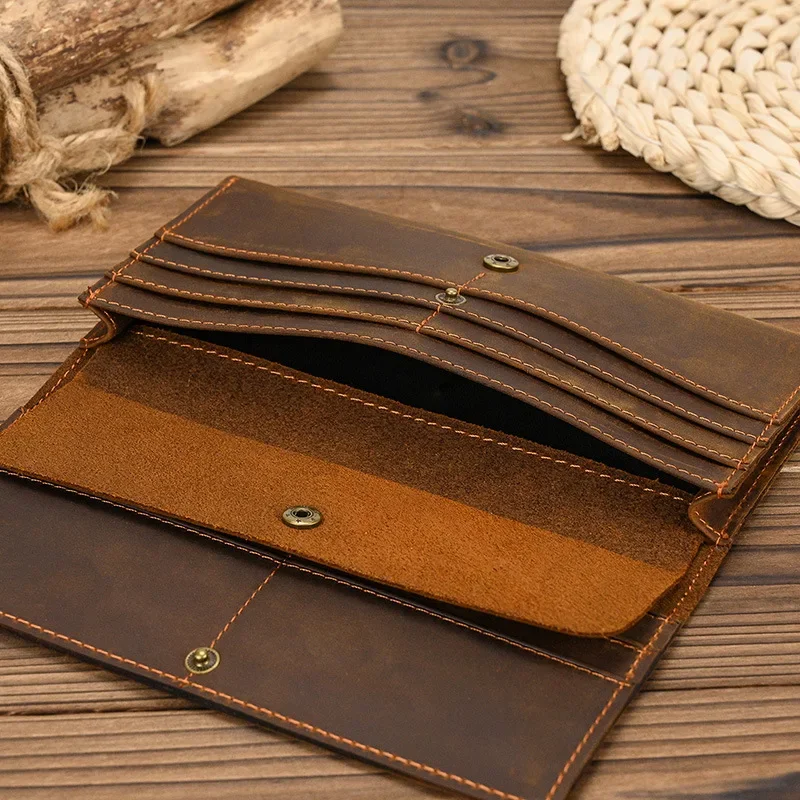 Crazy Horse Leather Long Wallet for Men with Multiple Card Slots, Coin Pocket, and Phone Holder