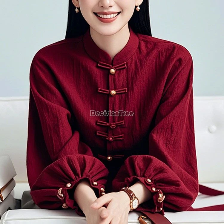 retro red chinese style new year top exquisite pearl button tang suit top romantic literature art lantern sleeved blouse