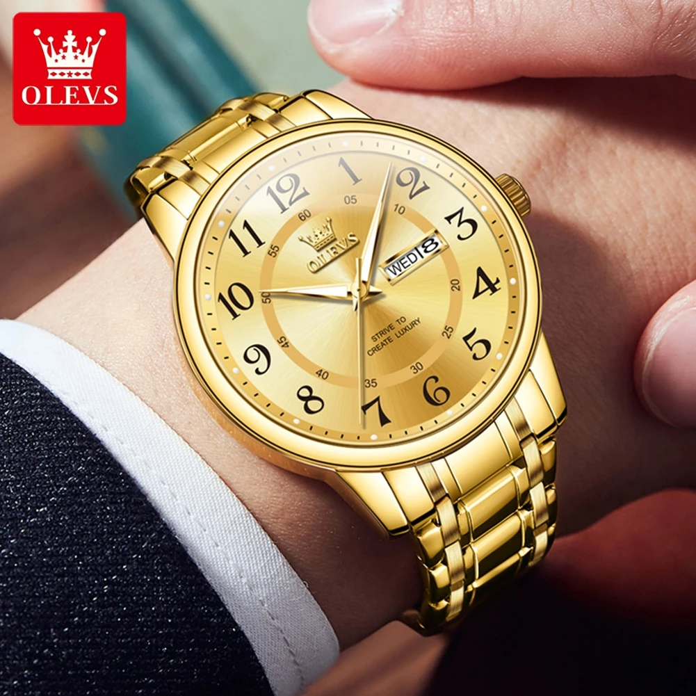 OLEVS Mens Watches Top Brand Luxury Gold Quartz Watch for Men Stainless Steel Waterproof Week Date Wristwatch Relogio Masculino