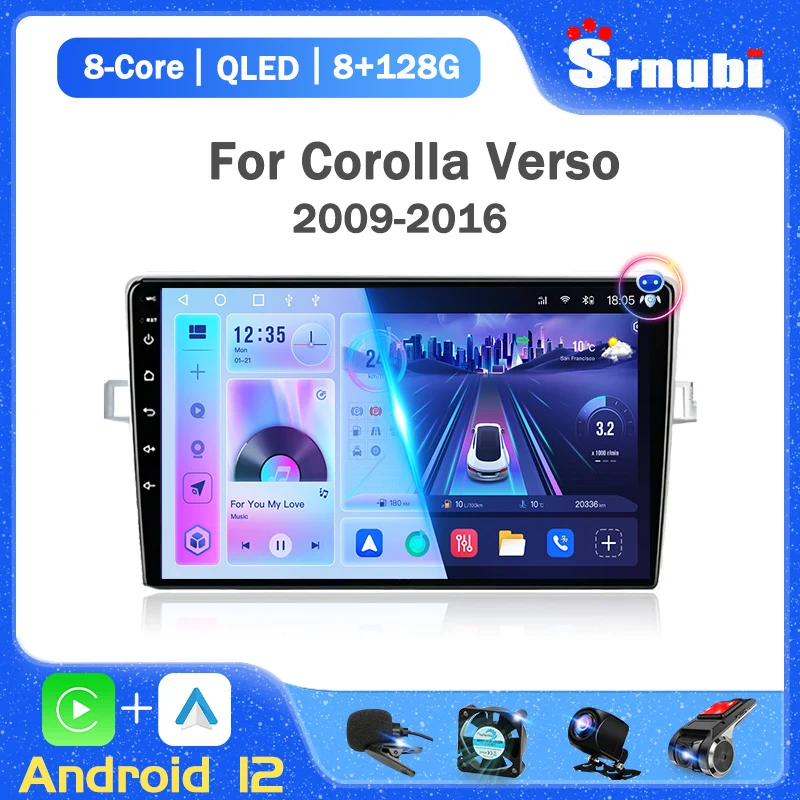 Srnubi 9 "Android 12 Autoradio Stereo Per Toyota Corolla Verso 2009 - 2018 Lettore Multimediale Carplay Navigation 2 Din Head Unit
