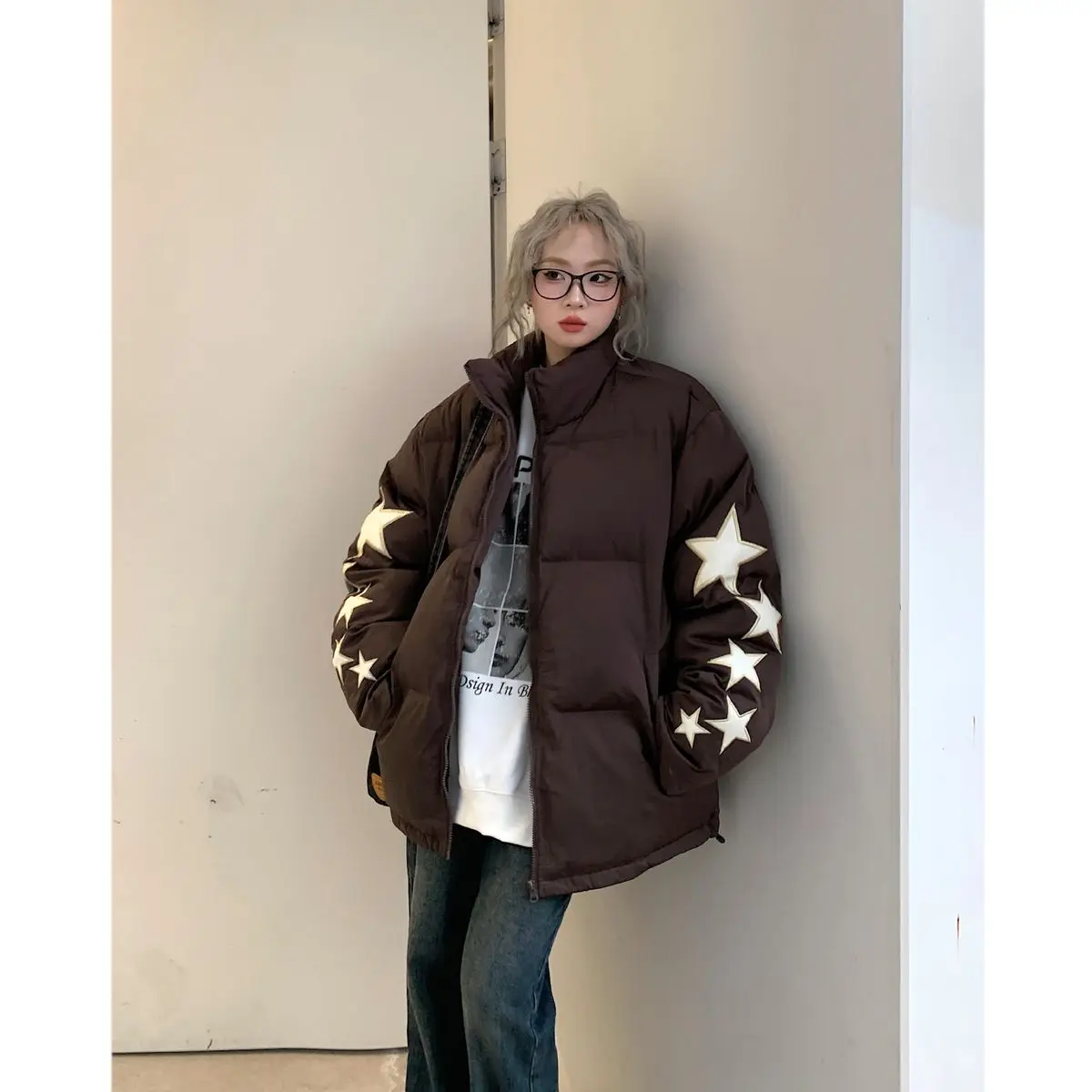 Women Jacket American Vintage Star Appliquéd Bakery Clothes Cotton Clothing Women Winter Coat Models Street Loose Cotton Jacket