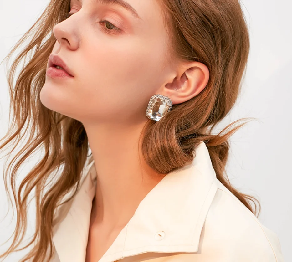 925 silver simple shiny square artificial crystal wedding bride Earrings for women Fashion Jewelry