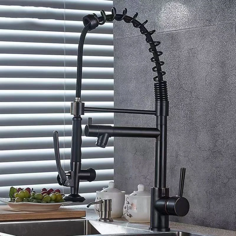 

Black Brushed Spring Pull Down Kitchen Sink Faucet Hot & Cold Water Mixer Crane Tap with Dual Spout Deck Mounted Faucets Taps