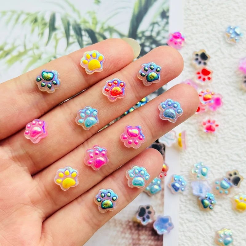 Cute Mini Resin electroplating Aurora color cat paw Flatback Ornament Jewelry Making Manicure Hairwear Accessories 50 Pcs