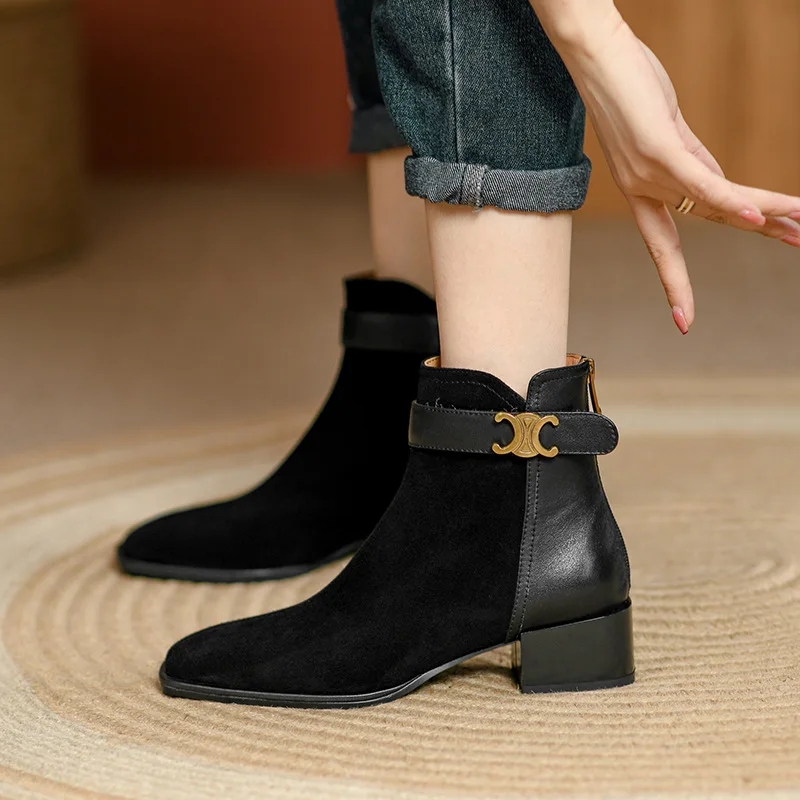 British Style Low Heels Ankle Boots Women 2023 Autumn Suede Faux Square Toe Short Boots Woman Thick Square Heel Retro Booties
