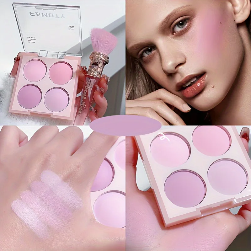 Matte 4-color blush palette,Pink,purple Sweat-proof waterproof natural nude makeup outline carmine purple series, daily outing 3