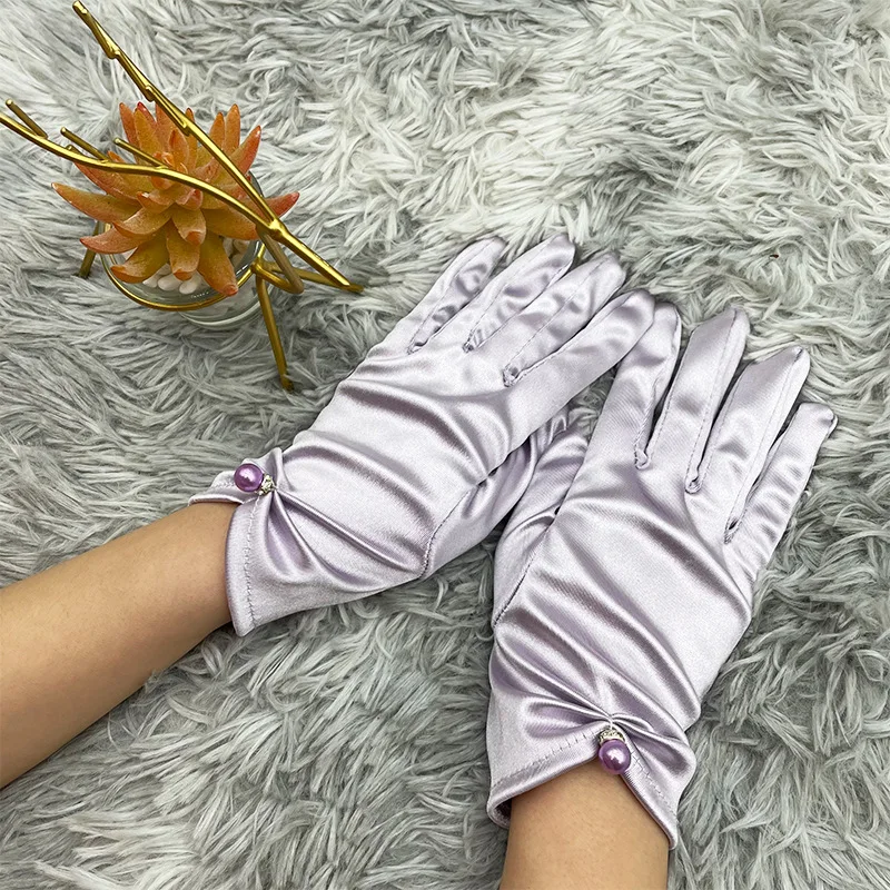Women Wedding Dress Lace Gloves Satin Short Gloves Sunscreen Summer Anti-UV Elastic Thin Mittens Driving Full Finger Red White Black