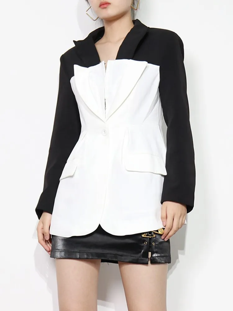 KBQ Hit Color Spliced Button Blazer For Women Notched Collar Long Sleeve Tunic Folds Casual Blazers Female Autumn Fashion New