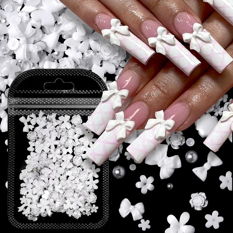 100/200pcs 3D Mixed Nail Decorations Kawaii Heart Flower Bear Pearl Design Rhinestone Nail Art Charms Jewelry Manicure Accessory 6