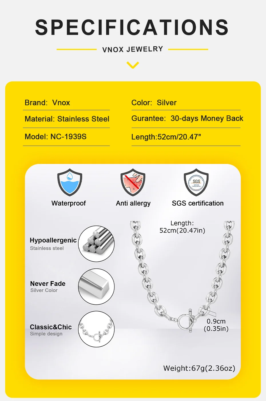 Vnox 9 mm klobige Halskette für Männer und Frauen, dicker Rolo-Gliederkettenhalsband, Schiebekette mit Knebelverschluss, einfacher Schmuck – Detail 4