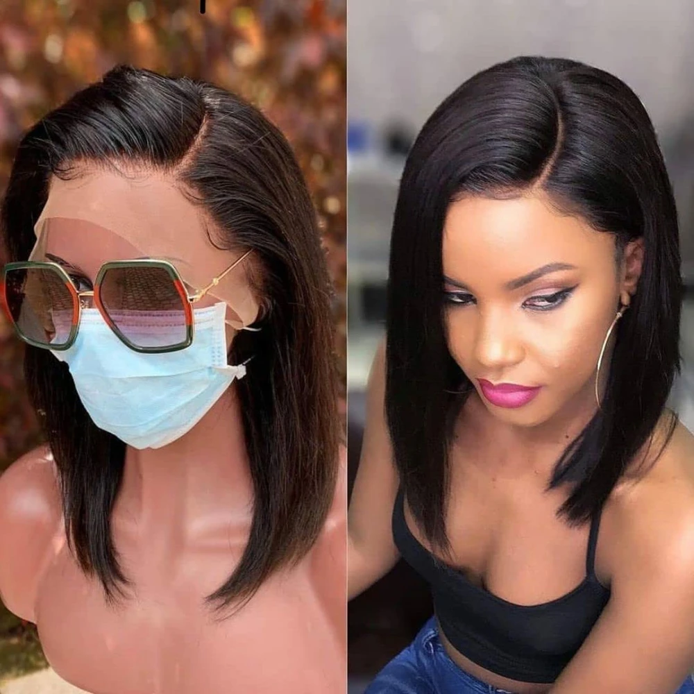 

Short Bob Human Hair Wigs Brazilian 13x4x1 T Part Straight Lace Front Wigs For Women Transparent Lace Pre Plucked Bone Bob Wig