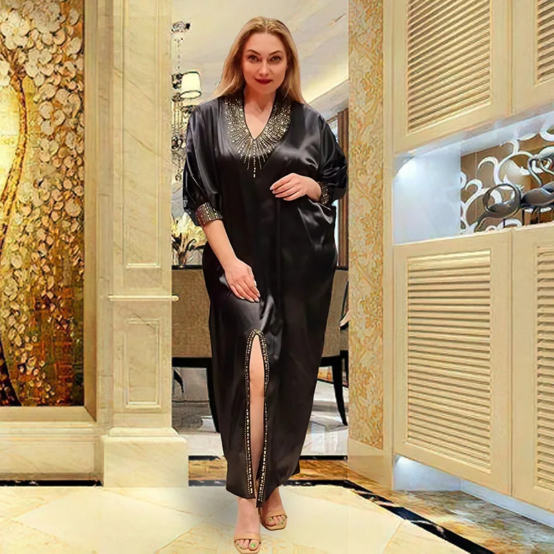 

African Women Muslim Diamonds Abaya Bat Sleeve Satin Dress Turkey Arabic Dubai Evening Party Eid Kaftan Femme Moroccan Jalabiya