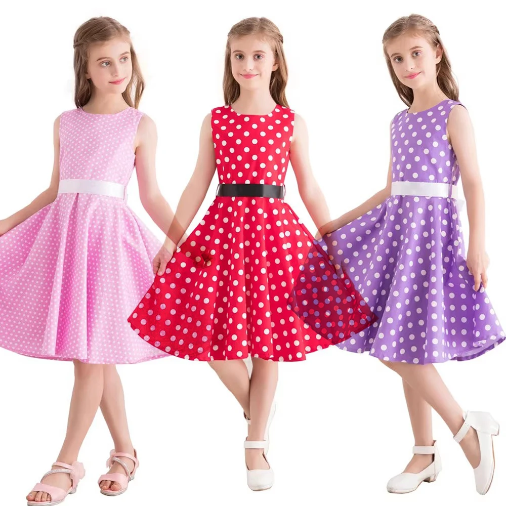 فستان الأميرة القطني الصيفي للأطفال البنات 50s سوينغ خمر الأطفال البولكا نقطة حفلة عيد ميلاد يومية
