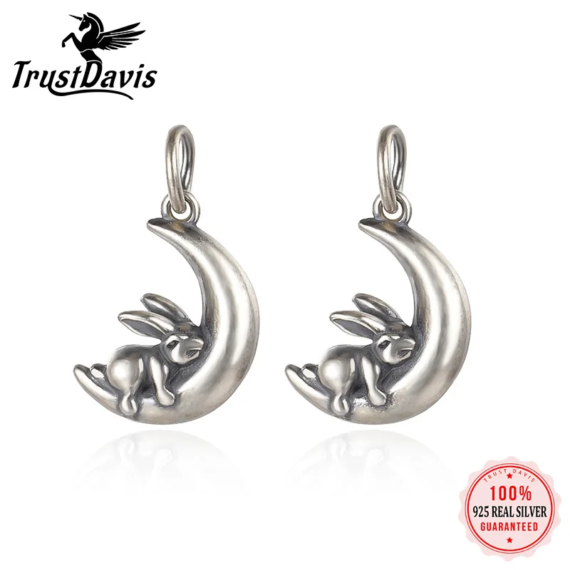 TrustDavis Real 925 Sterling Silver Fashion Sweet Cute Moon Rabbit Charm Pendant Handmade DIY Accessories Fine Jewelry HY495