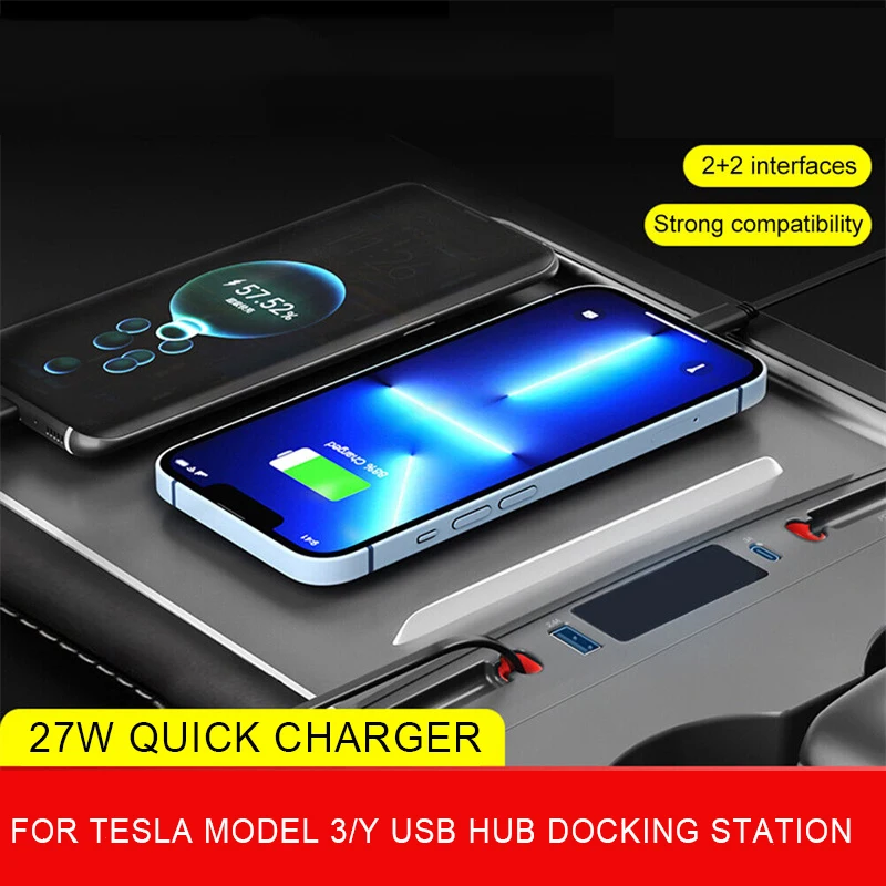 

27W Quick Charger Docking Station For Tesla Model Y Model 3 Shunt USB HUB Car Adapter Powered Splitter Extension