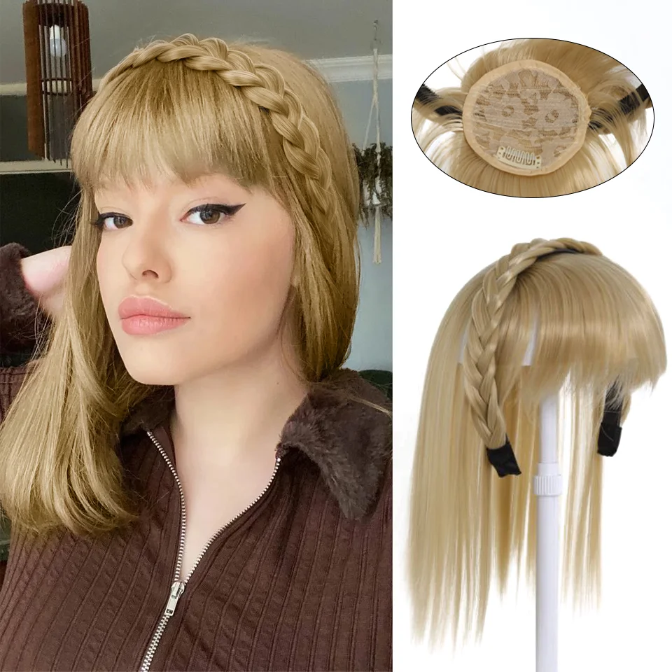 LUPU Schickes geflochtenes Stirnband mit Clip-in-Haaraufsatz und Pony – natürliche, synthetische, glatte Haarverlängerungen für Frauen – Detail 3
