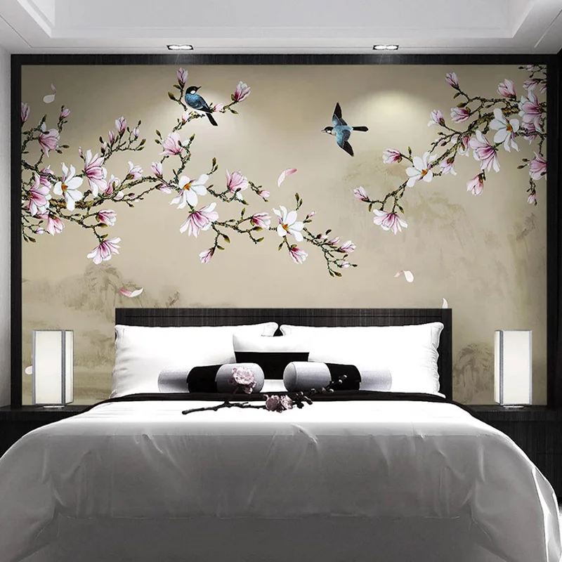 Papel de Parede 3d Personalizado Estilo Chinês Elegante Magnólia Flores Pássaros Grande Mural Quarto Sala de Estar tv Fundo Decoração