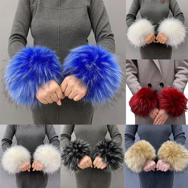 

Faux Fox Fur Cuffs Arm Warmer Winter Warm Women Wrist Cuff Sleeves Gloves Pompom Faux Fur Bracelet Wristband Sleeves Accessories