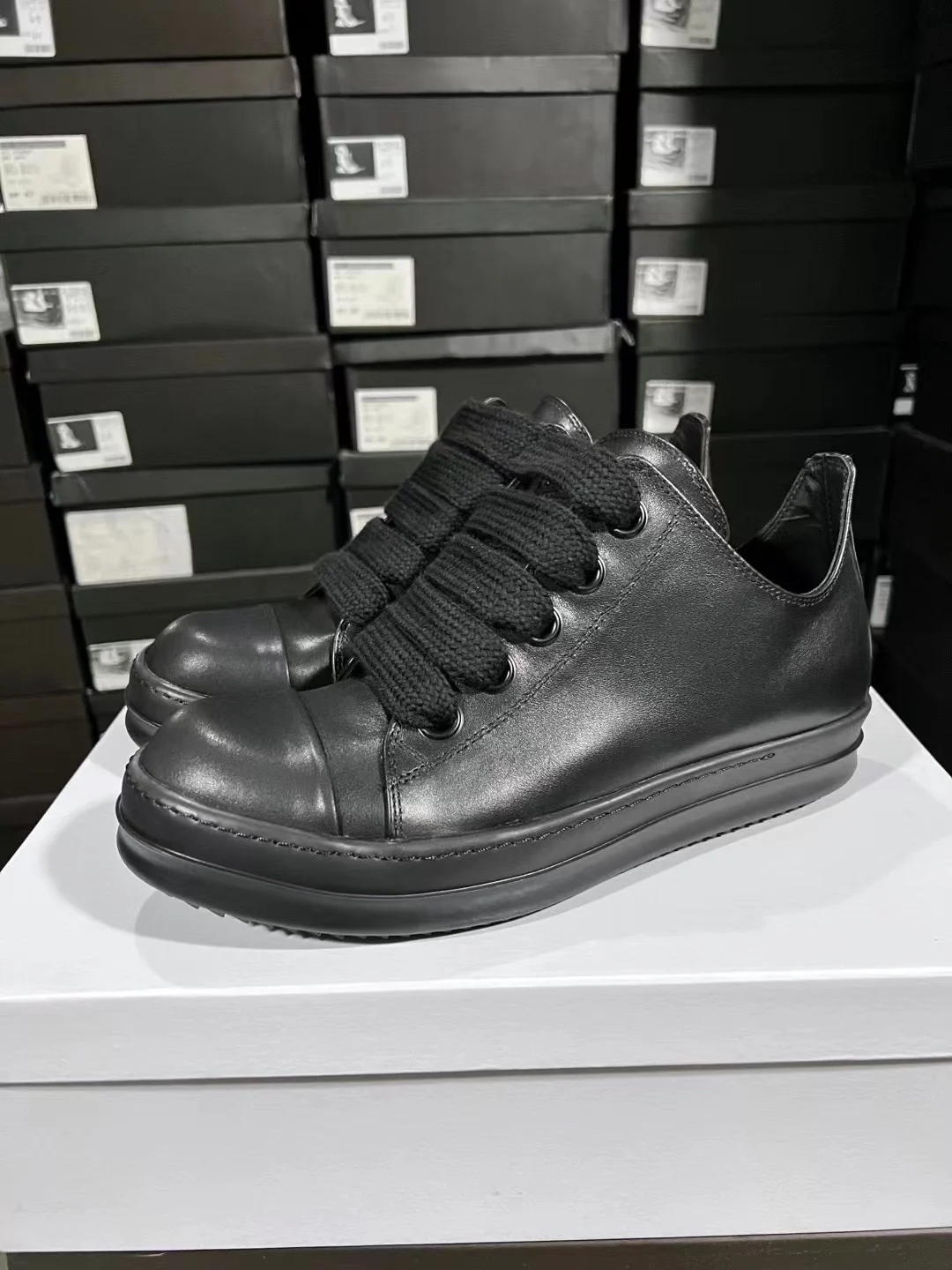 Rickss Luxury Designer Man Shoes Black Genuine Leather Owens Women Sneakers Thick Shoelaces Jumbo Laces Owens Black Men Shoes 5