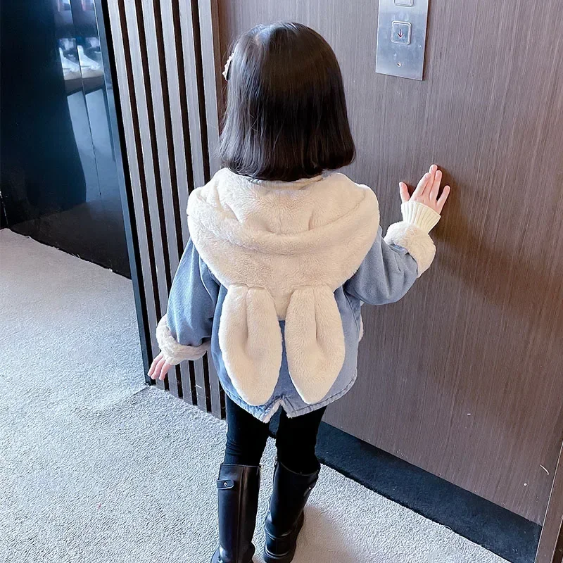 

Children's Coat AutumnWinter Girls' Denim Jacket Plush Velvet Warm Thick Toddler Baby Outerwear Cute Rabbit Hooded Jacket CH131