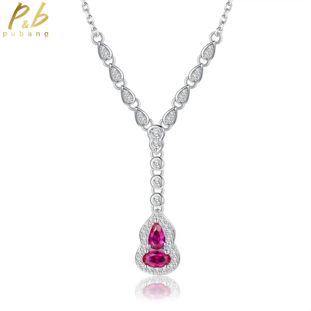 PuBang Fine Jewelry Ruby Gem Pendant Necklace 925 Sterling Silver Created Moissanite for Women Wedding Party Gifts Free Shipping