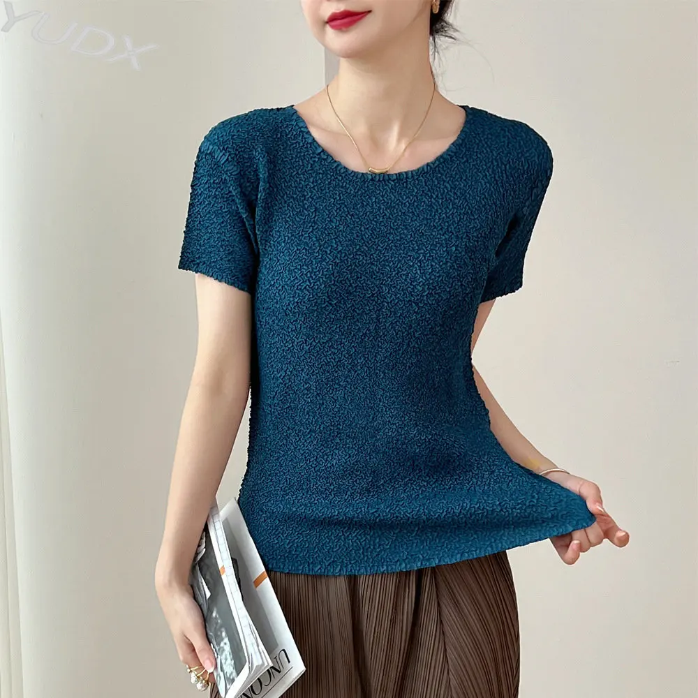 

Футболка YUIDX Miyake женская с вышивкой, универсальная Повседневная рубашка с короткими рукавами и круглым вырезом, плиссированная одежда, лето 2023