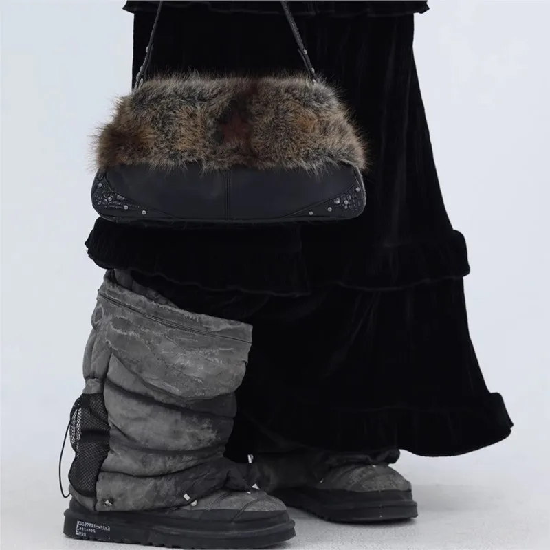 JIAERDI Harajuku Plush Black Shoulder Bags Purse Women Subculture Underarm Bag Y2k Hot Girls Vintage Handbag Wallet Aesthetic