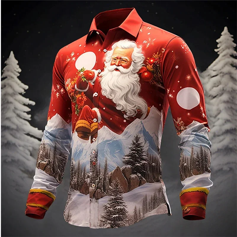 

Santa Claus casual men's shirt outdoor Christmas street autumn and winter long-sleeved ruby sapphire blue XS-6XL shirt 2024