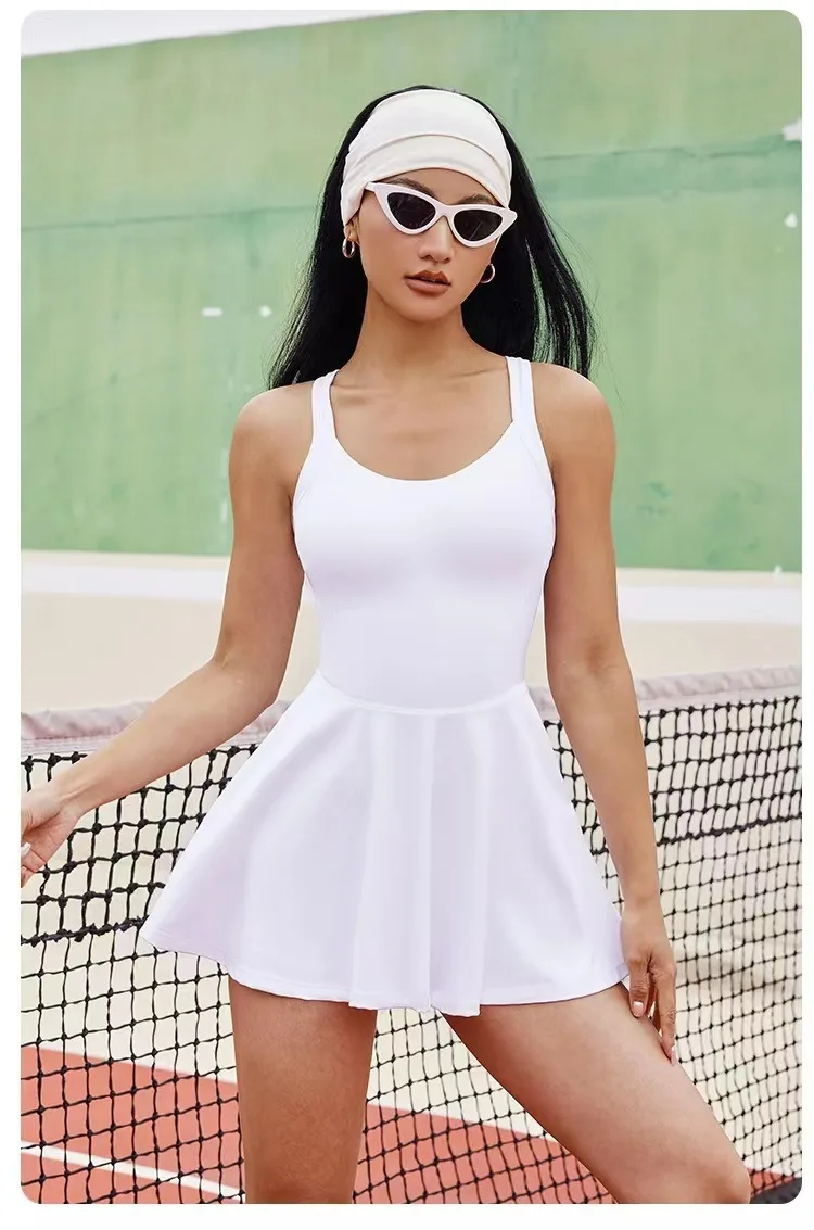 Women Dress Sports Clothing Tennis Dress Women Sports Sets Golf Badminton Skorts Back Cross Tracksuits With Chest Pads One-Pieces Slim Fit Soft Yoga Suits