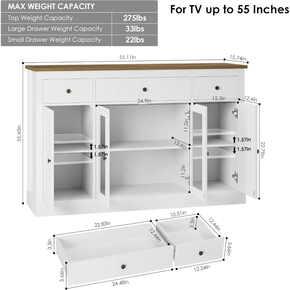 Sideboard Buffet Cabinet with Storage, 55" Large Kitchen Buffet Storage Cabinet, Modern Farmhouse Coffee Bar Cabinet 3