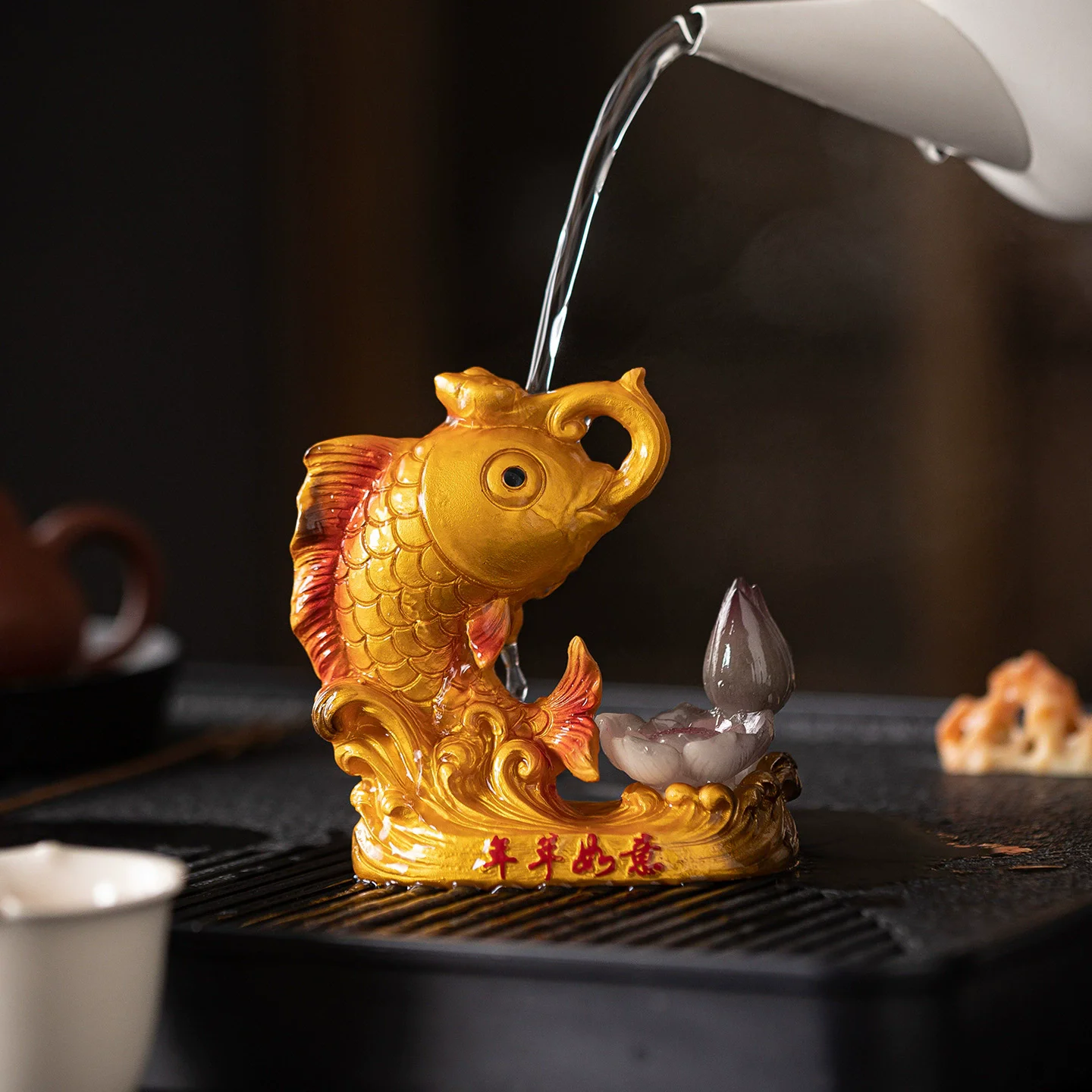 Color Changing Koi & Goldfish Tea Pet, "Yearly Luck" Ceramic Ornament for Tea Table, Raisable Tea Art Decor, Gift for Tea Lovers