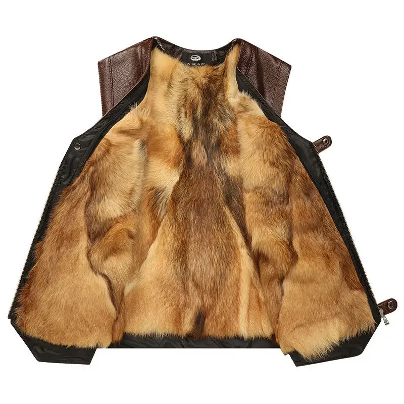 2024 Women Autumn Winter New Genuine Leather Vest Men Pocket Middle-aged Waistcoat Male Thick Fleece Sleeveless Coats D351 4