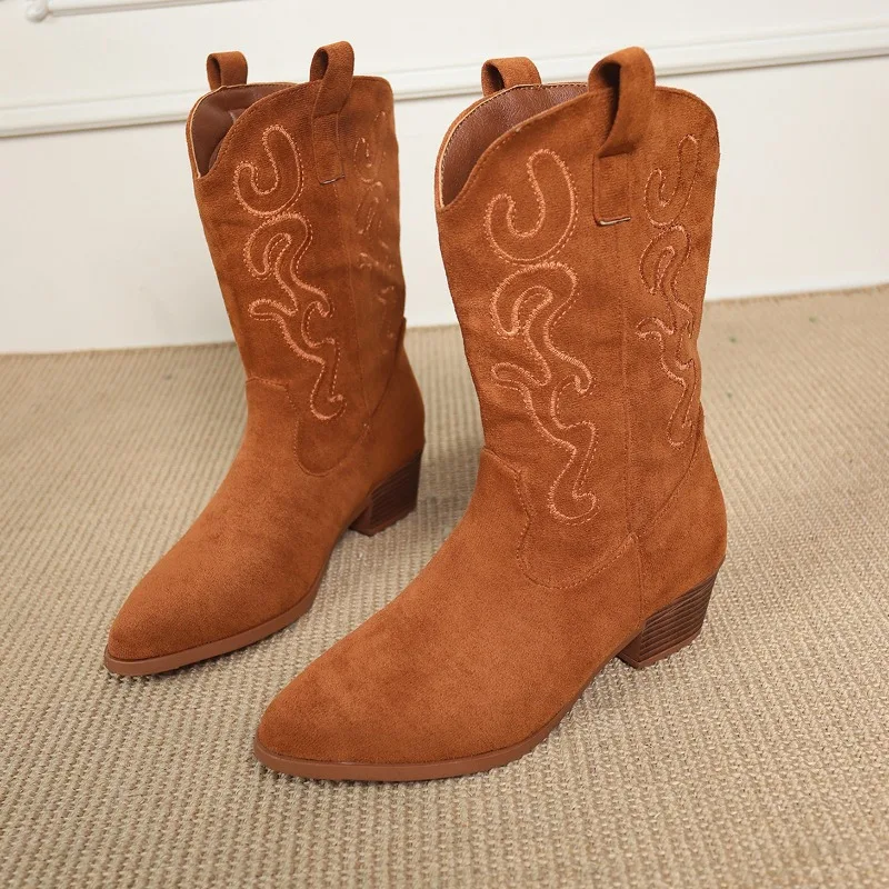Embroidered Western Cowboy Boots for Women Autumn Pointed Toe Thick Heel High Knee Boots Woman Loose PU Leather Long Botas Mujer - 3