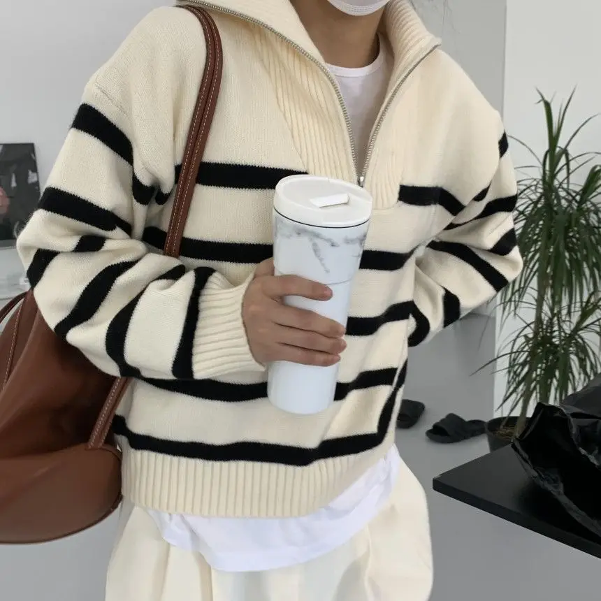 Women Sweater Oversize Zipper Knitted Pullover Long Sleeve Stripe Loose Ladies Sweaters Autumn Winter Women's Turtleneck