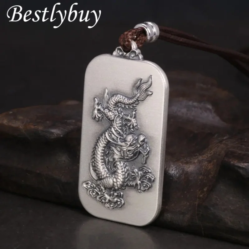 

Sterling Silver 999 Dragon Pendant Necklace with Adjustable Wax Rope 60cm for Men and Women Vintage Punk Zodiac Jewelry