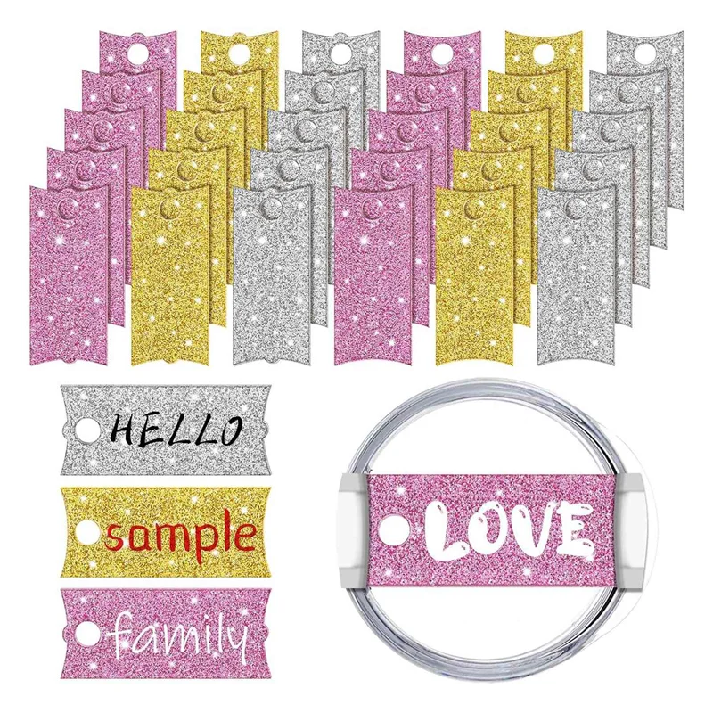 LUDA 12Pcs Shiny Tumbler Name Plate Compatible For Stanley 40 Oz Cups Acrylic Nameplate Blank Name ID Tags Tumbler Lid Topper