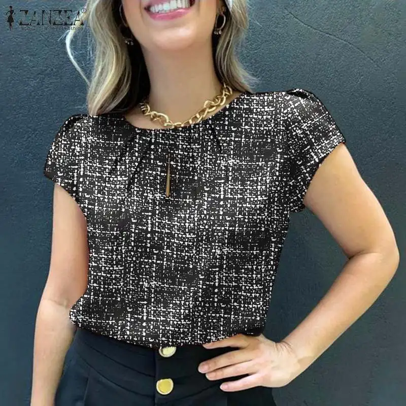 ZANZEA Summer Fashion Printed Blouse Woman Short Sleeve O-Neck Tops Casual Party Chemise Female Elegant OL Office Shirt 2024
