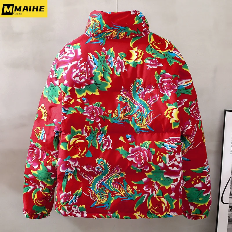 2024 Winter Down Cotton Jacket Men's Chinese Fashion Thickened Warm Printed Pattern Padded Coat Unisex Vintage High Collar Parka