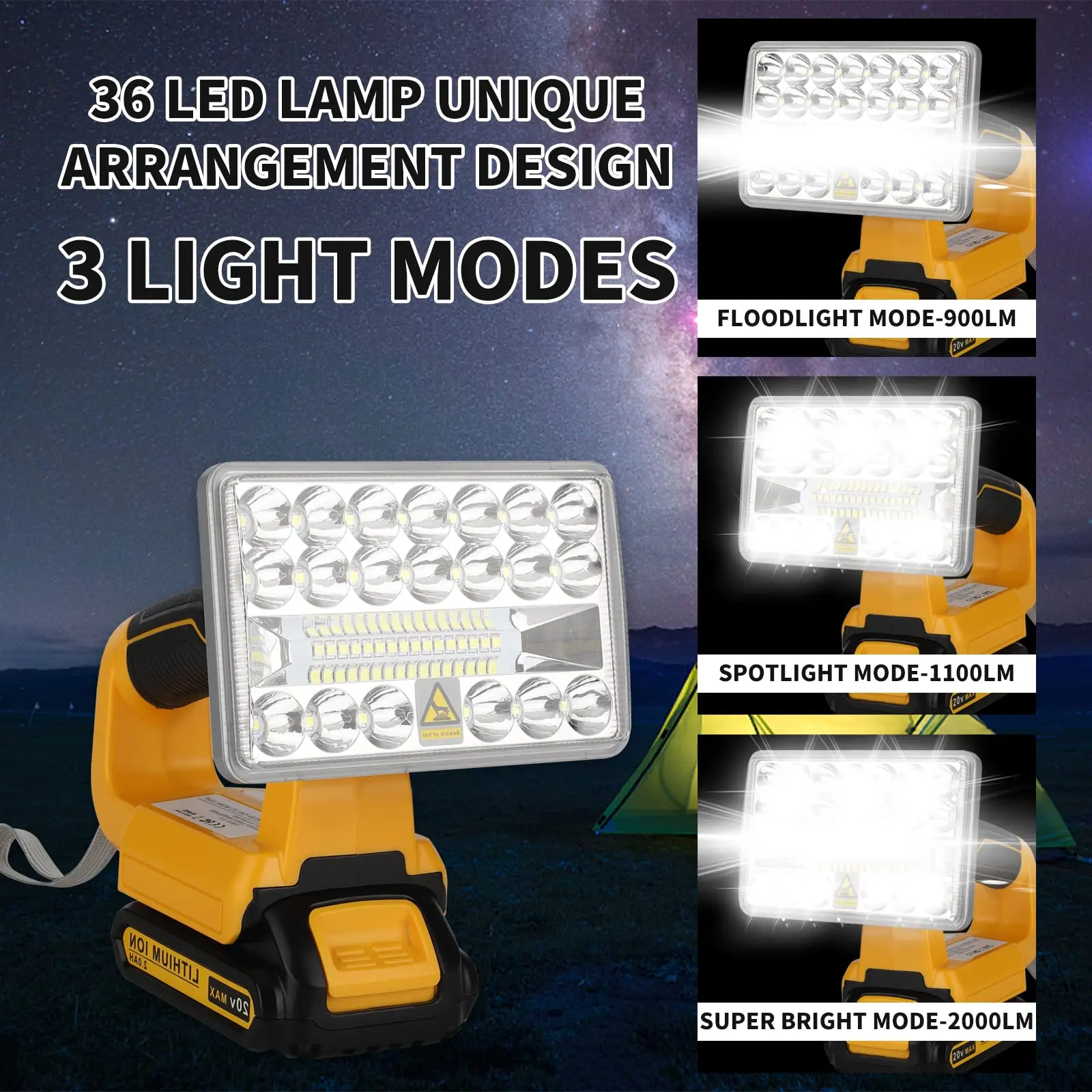 For Dewalt 20V Max LED Work Light 18W 2000LM Flashlight Spotlight Portable Outdo