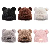 Cute Ear Women Earmuffs Cap Cartoon Bear Ear Protection Hat Solid Color Plush Beanies Girl Winter Warm Fluffy Fur Headgear 모자 1
