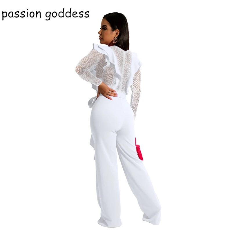 New Fashion 2022 Summer Long Sleeve Lace Stitching Deep V Neck Elegant Jumpsuit Ruffles Sexy White Straight Jumpsuit Overalls