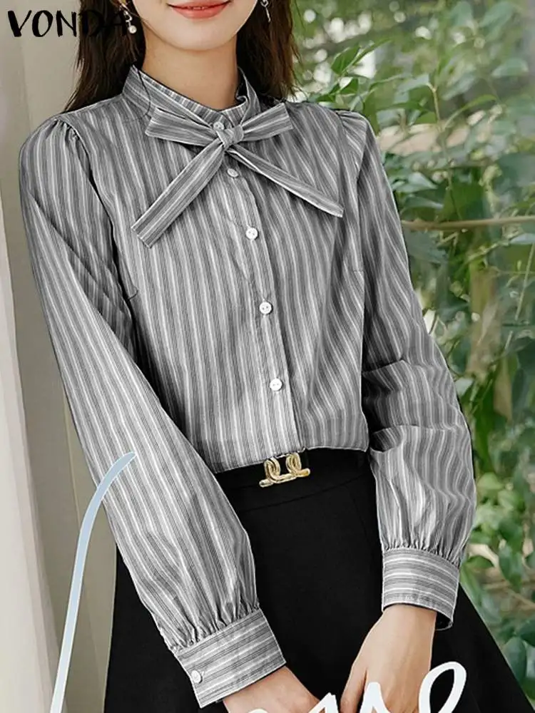 

Женские рубашки в полоску, осень 2023, блузка с длинным рукавом, модные топы, туника VONDA, повседневные свободные винтажные Блузы на пуговицах с бантом для женщин