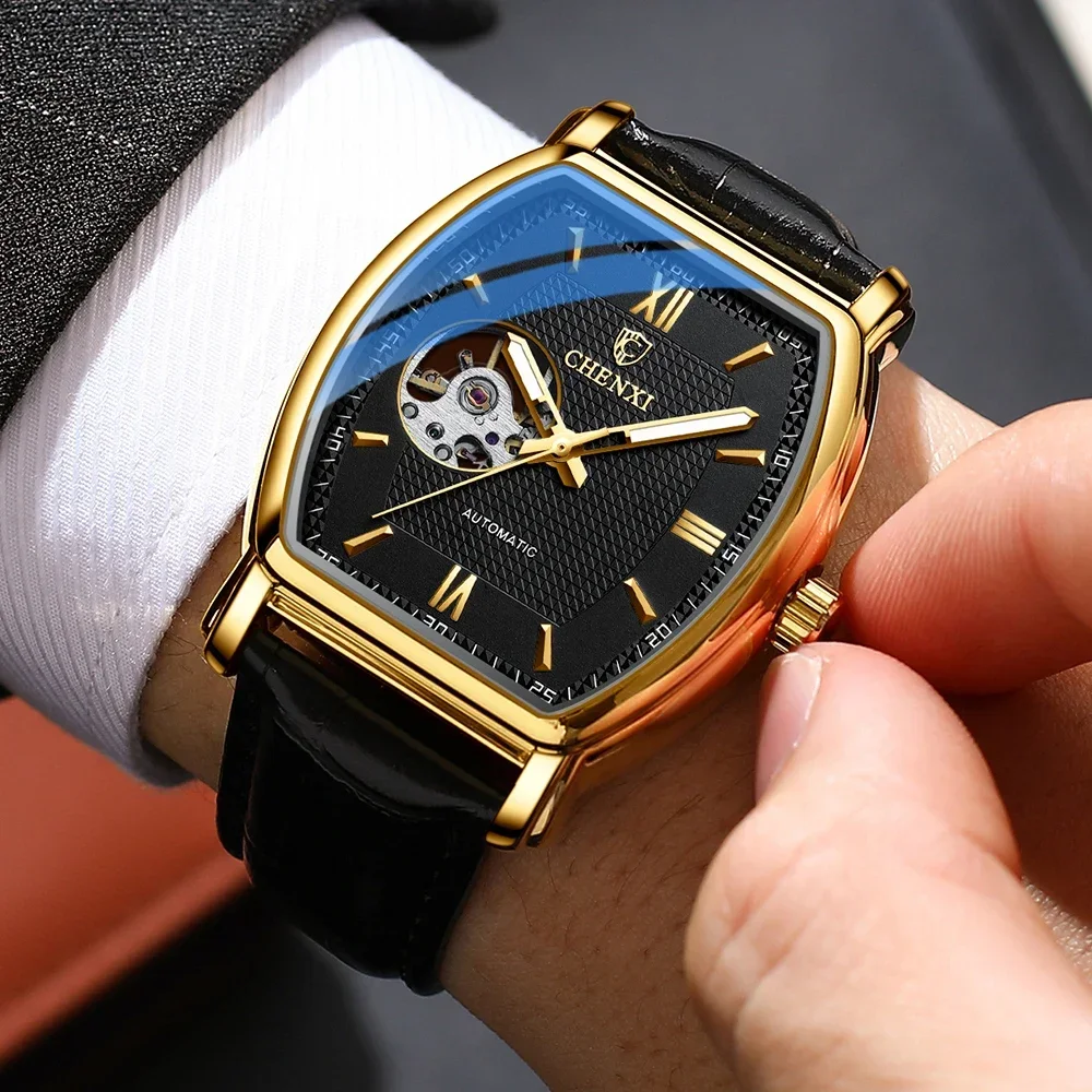 Orologio Meccanico Automatico Da Uomo Quadrato Tonneau Con Scheletro E Cinturino In Pelle - 4