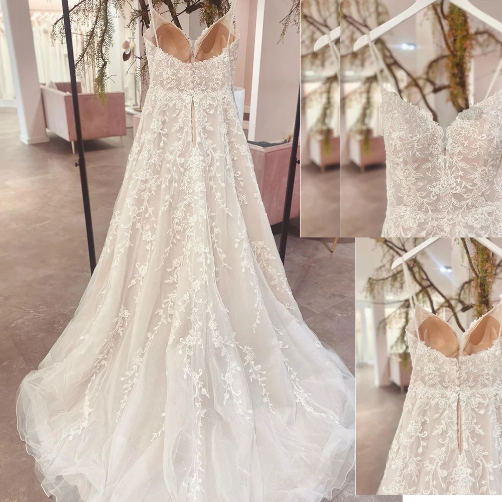 

Elegant White Lace Wedding Dress For Women Bride Spaghtti Strap Sweetheart Sleeveless A-Line Backless Sexy Open Back Bridal Gown