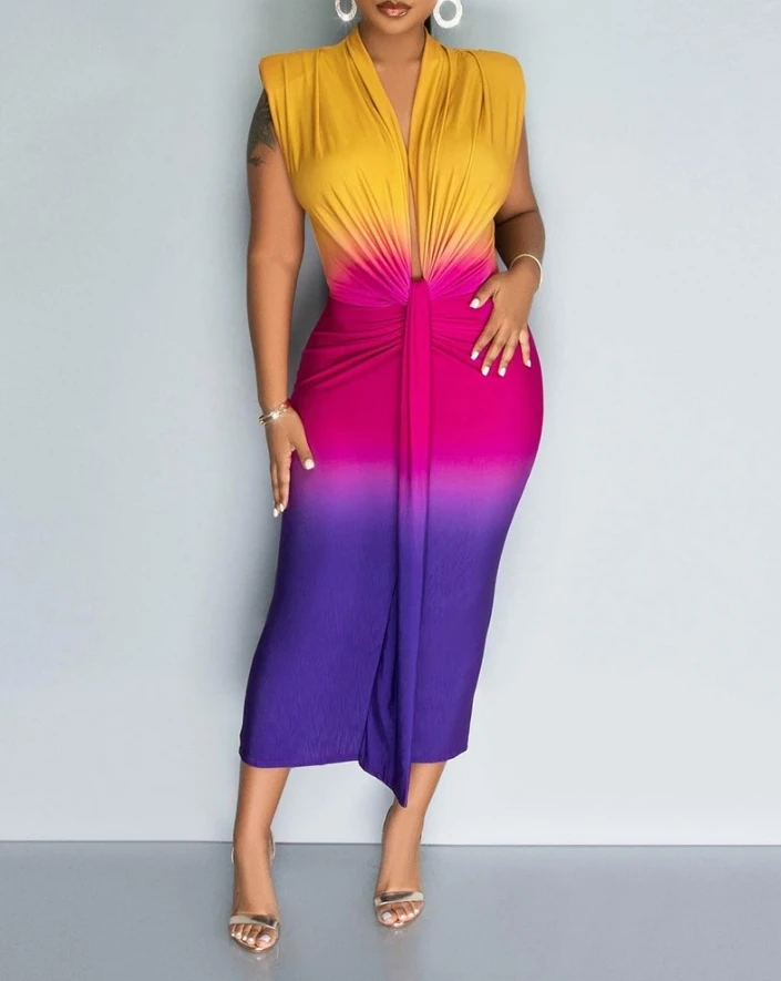 Women Dresses 2024 Summer New Ombre Colorblock Ruched Sexy Elegant Midi Dress Fashion Casual Clothing Temperament Commuting