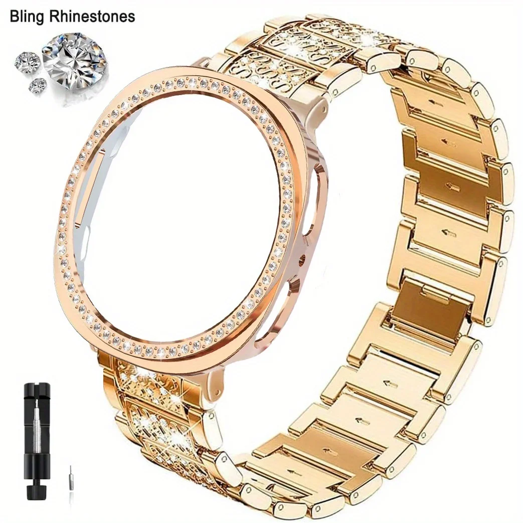 Luxurious Rhinestone Bling Metal Watch Band with Protective Case