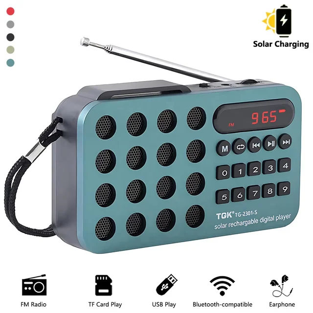 Mini Portable Pocket FM Radio Solar Charging Wireless Speakers Support USB TF Card Play Bluetooth Speaker with FM Radio Receiver