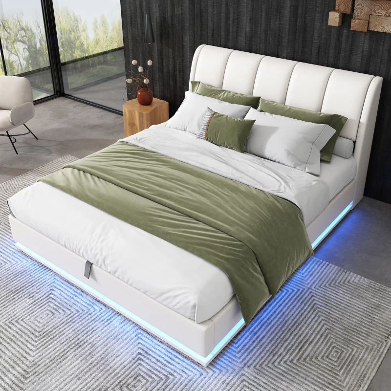 Cama tapizada de 140x200 cm, cama doble con marco de listones